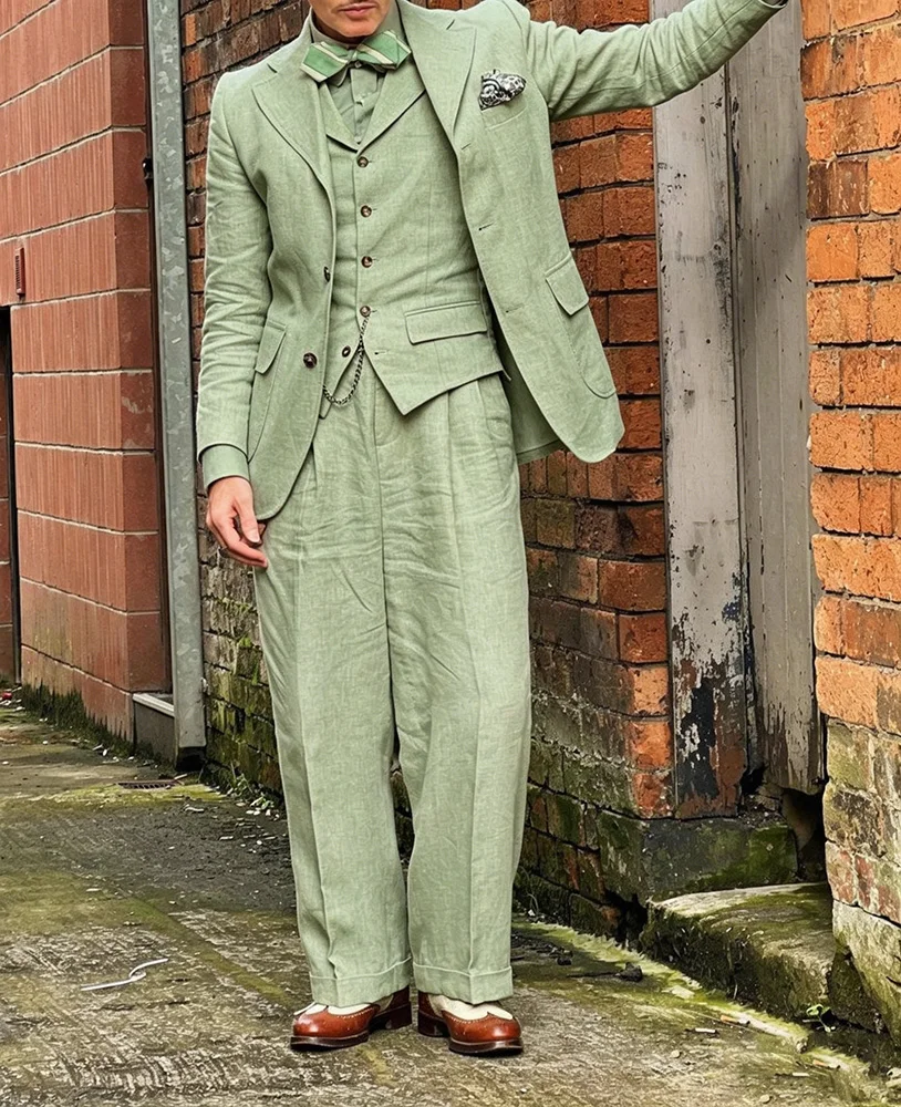 Sage Green Linen Relaxed Wedding Suits 3 Pieces Men Suits Lightweight Breathable Blazer Vest Pants Set Summer Wedding Outfit