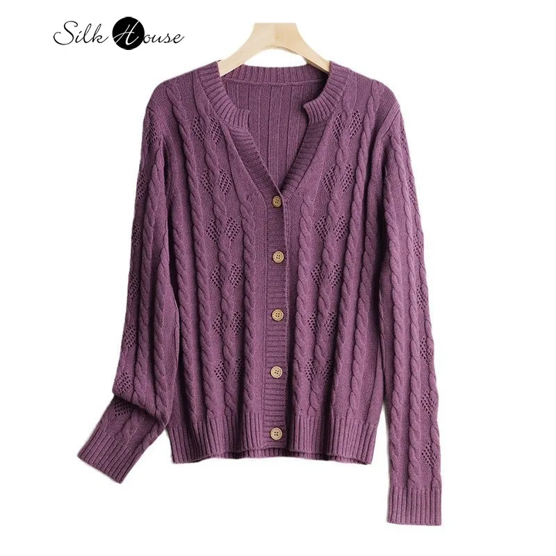 

Women's Fashion New 65% Natural Mulberry Silk Cashmere Cotton Blended Casual Versatile Long Sleeve V-neck Solid Color Cardigan