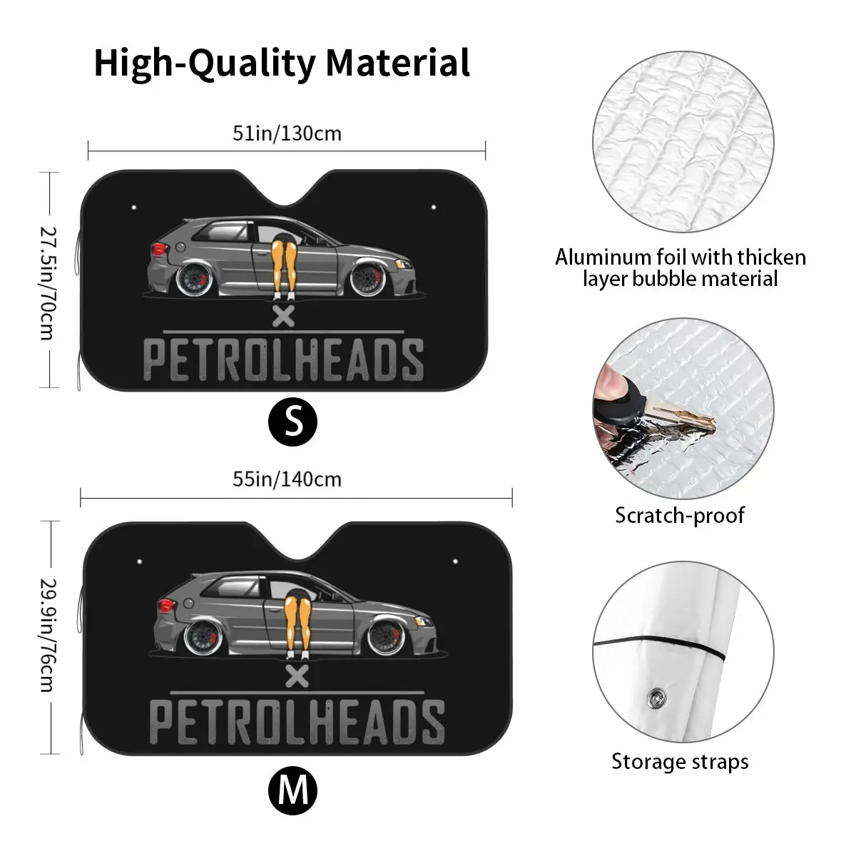 Petrolheads A3 8P Funny Car Vintage Sunshade Windscreen 70x130cm Foils Sunshade Visor Car-styling