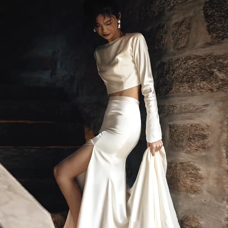 هيبورن نمط أنيق سليم صالح حورية البحر التخسيس عارية الذراعين بسيط قطار الاستقبال ثوب الساتان