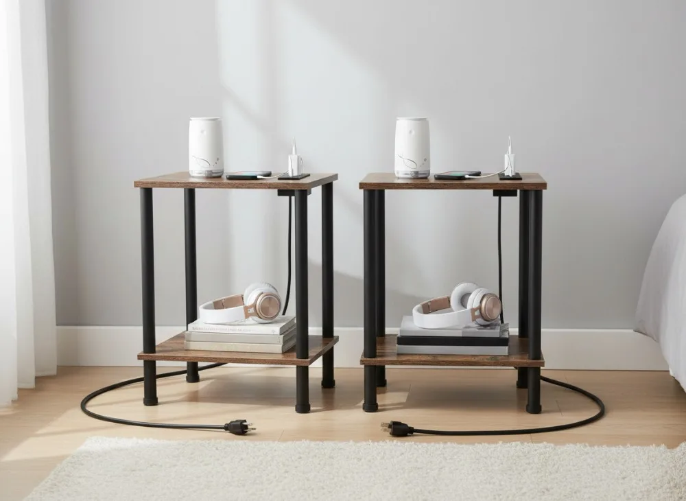 

2-уровневый приставной столик с USB и розетками, зарядная станция для спальни, гостиной, коричневого цвета в деревенском стиле