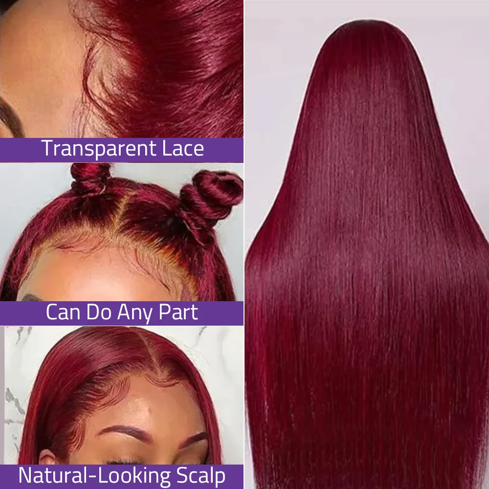 36 pollici 99J Borgogna 13x6 Hd Frontale Del Merletto 100% Parrucca di Capelli Umani Bone Dritto 13x4 Parrucche Anteriori Del Merletto Per Le Donne 200 Densità Prepizzicate