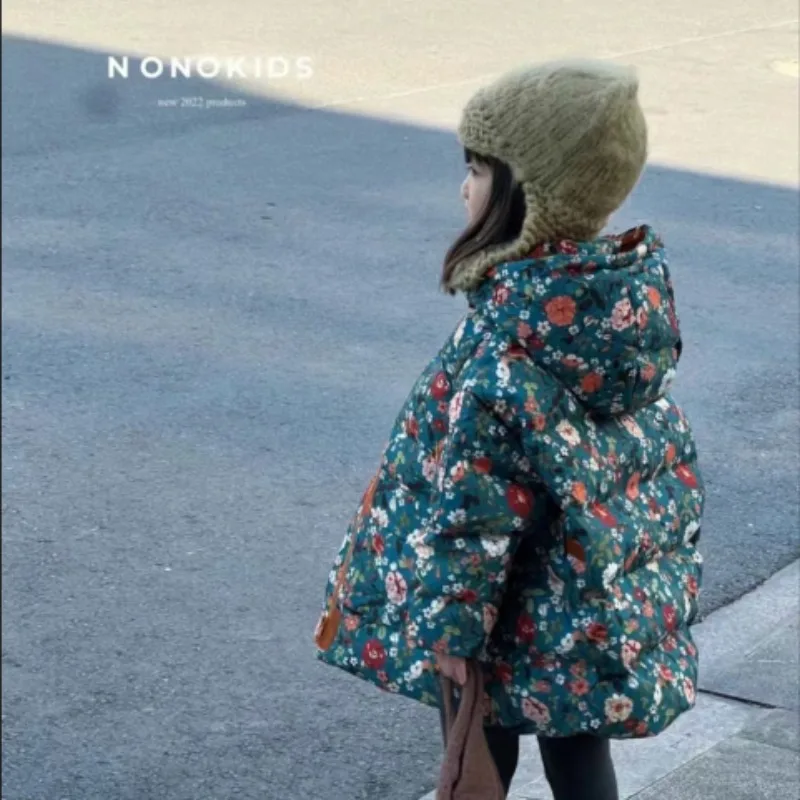 Children's Clothing Winter New Style Girls' Floral Cotton Clothing Stylish Hooded Jacket Baby Warm Temperament Cotton Jacket