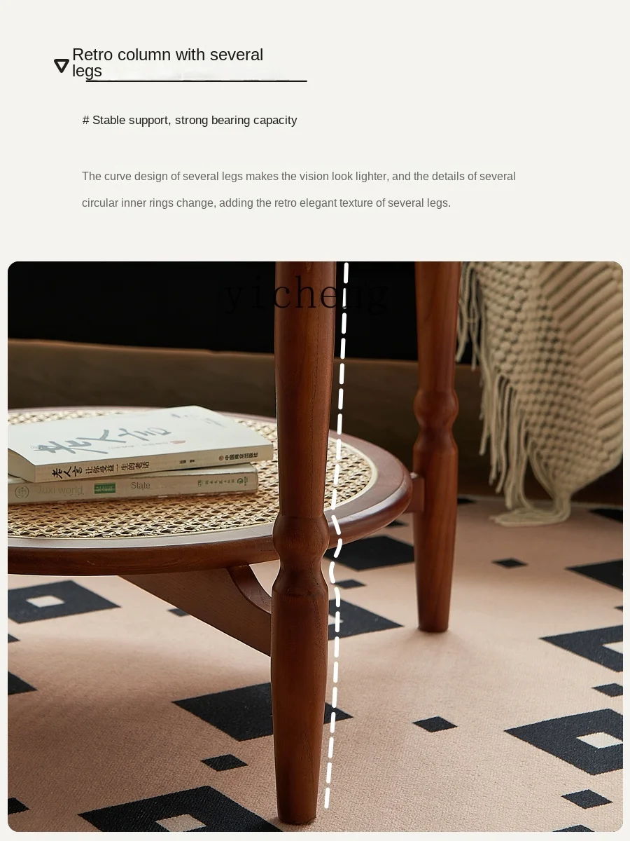 Tqh Vintage Coffee Table Solid Wood Rattan Flower round Glass Living Room Simple Modern