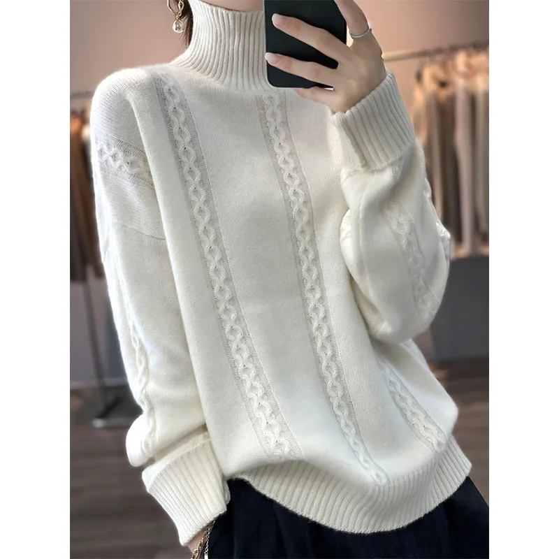 

2022 New Winter Women Sweaters And Pullovers 100% Wool Sweater Long Sleeve Warm Female Thicken Knitted Loose Casual Jumper Top