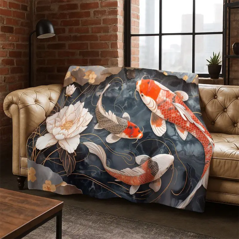 GOOD LUCK Koi Fish Yin Yang Carp Cartoon Flannel Blanket Soft Warm Throw Blanket for Bedroom Living Room Bed Travel Picnic Gift