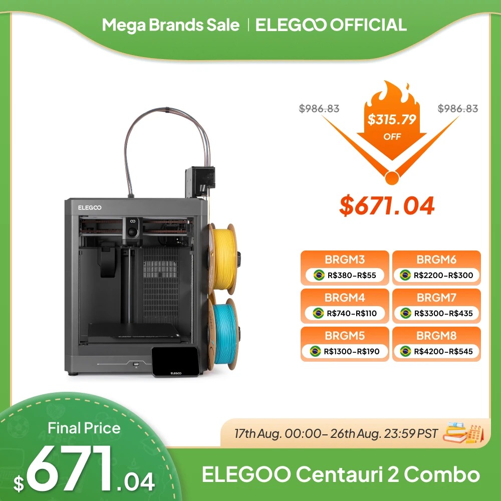 Impressora 3D ELEGOO Centauri 2 Combo Multicolorida, Impressão em 4 Cores com CANVAS, Volume de Impressão de 256x256x256mm