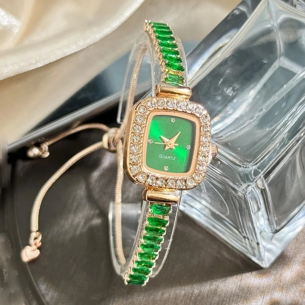 

Женские часы с инкрустацией цирконами, гибким выдвижным браслетом, бриллиантами, стразами, квадратным корпусом из сплава и ремешком