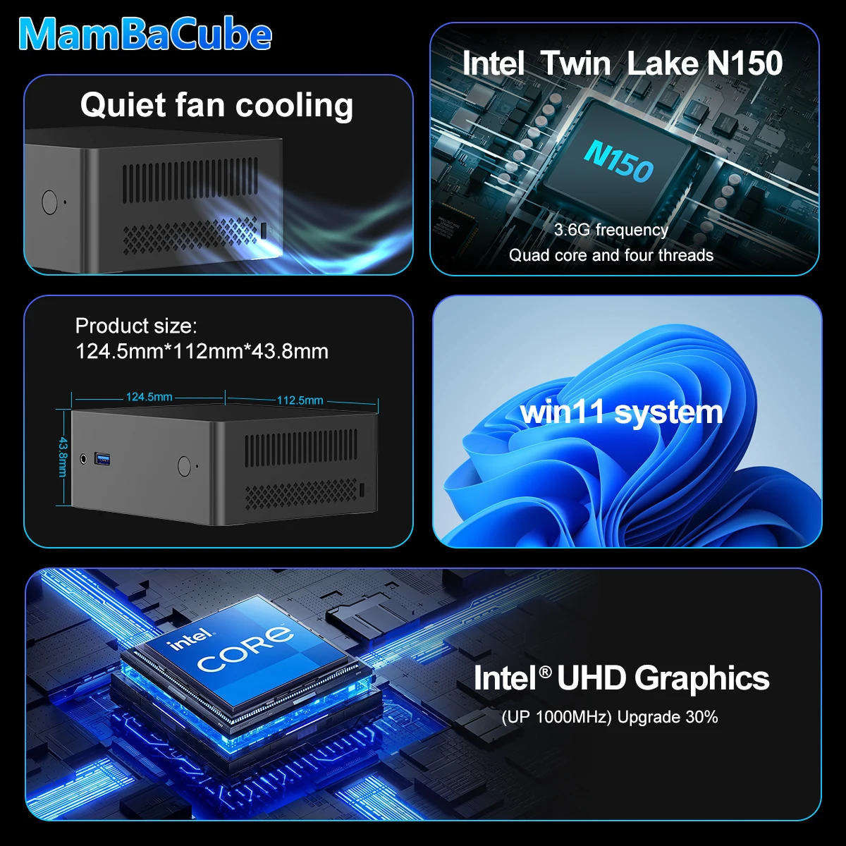 MamBaCube N9E Mini PC Intel N150 Win11 Pro 8GB 16GB DDR4 256GB 512GB SSD WiFi 5 Portable Compact Desktop Home Office Computer