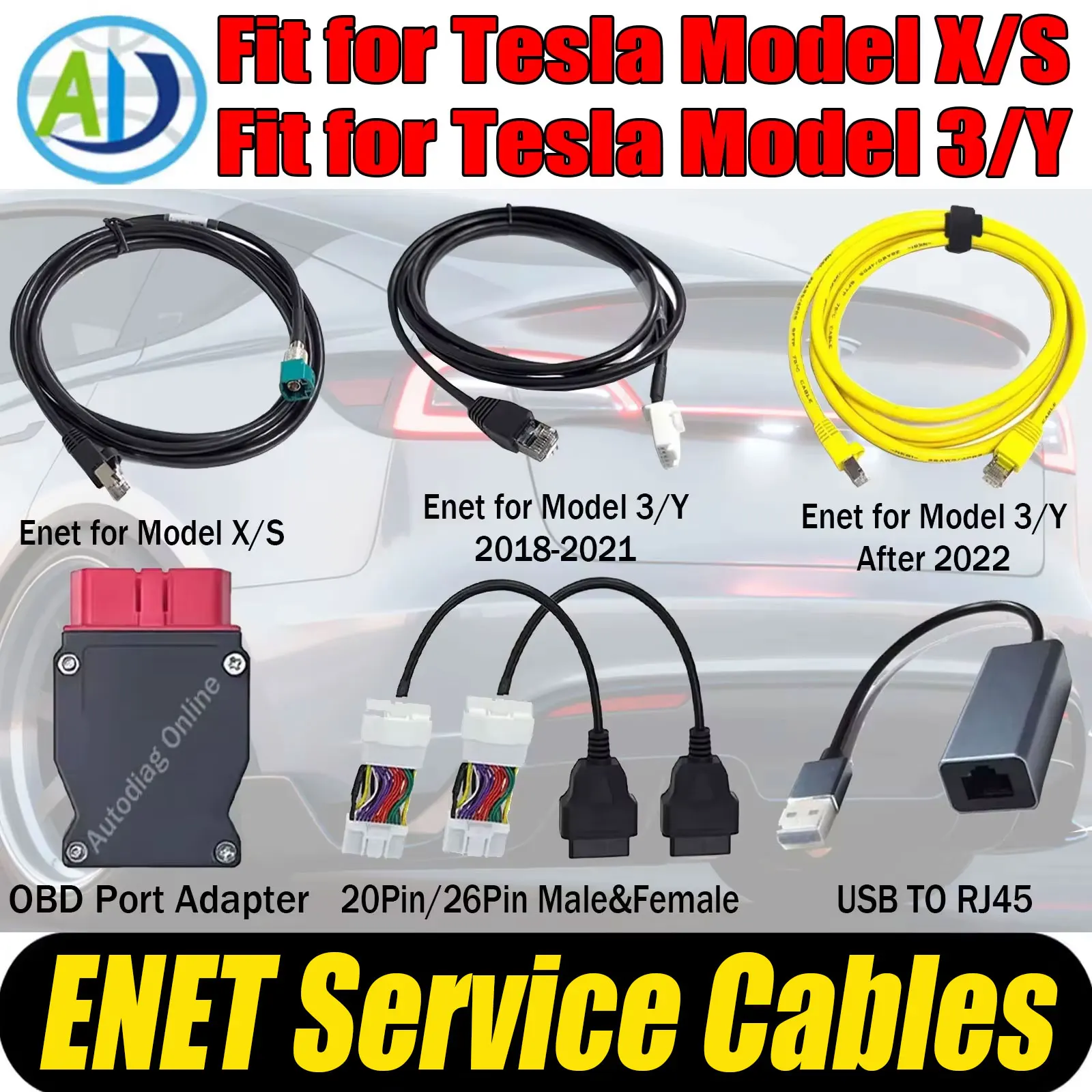 Ethernet Services Cable for Tesla Model S/3/X/Y ENET Diagnostic Cable For Tesla Toolbox 26Pin 20Pin Male&Female to OBD2 Adapter
