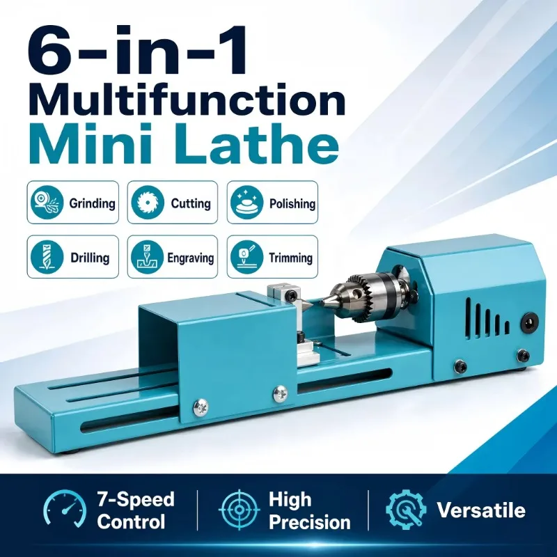 6-in-1 DIY Mini Wood Lathe for Wooden Bead Making Multifunctional Bench Lathe Machine with Polishing Cutting Drilling Function