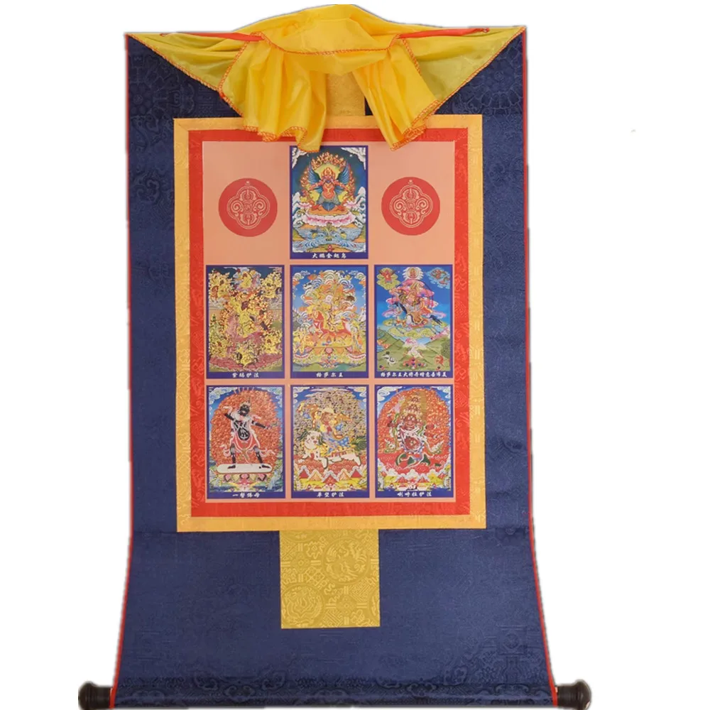 

Exquisite Tibetan Thangka Hanging Scroll - Nyingma Seven Protectors Buddhist Altar Decor with Gold Gilding