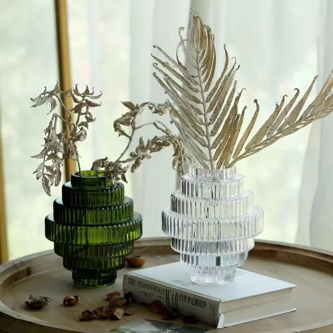 Creative Glass Vase Vertical Grain Tower Shaped Transparent Flower Vase Hydroponics Terrarium Home Decoration Accessories