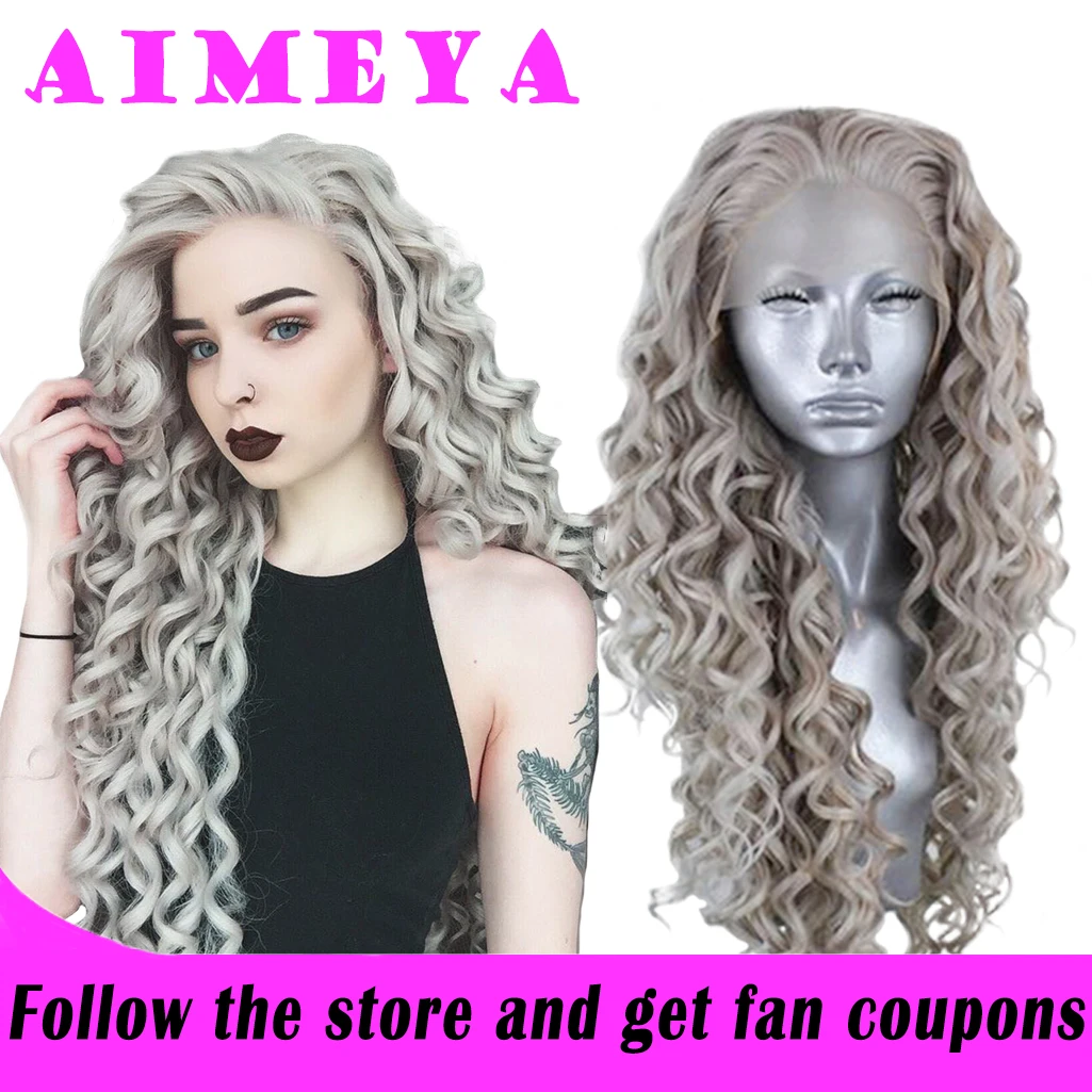 AIMEYA Synthetic Long Deep Wave Lace Front Wig for Women Grey Curly Free Part Natural Hairline Colorful Cosplay Daily Party Wigs