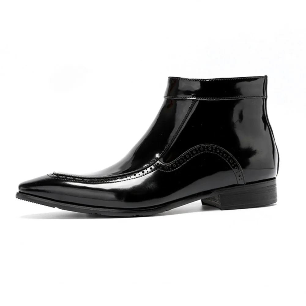 Men's Glossy Boots British Style Pointed Toe Zipper Genuine Leather High Top Ankle Boots Fashion Leather Boots