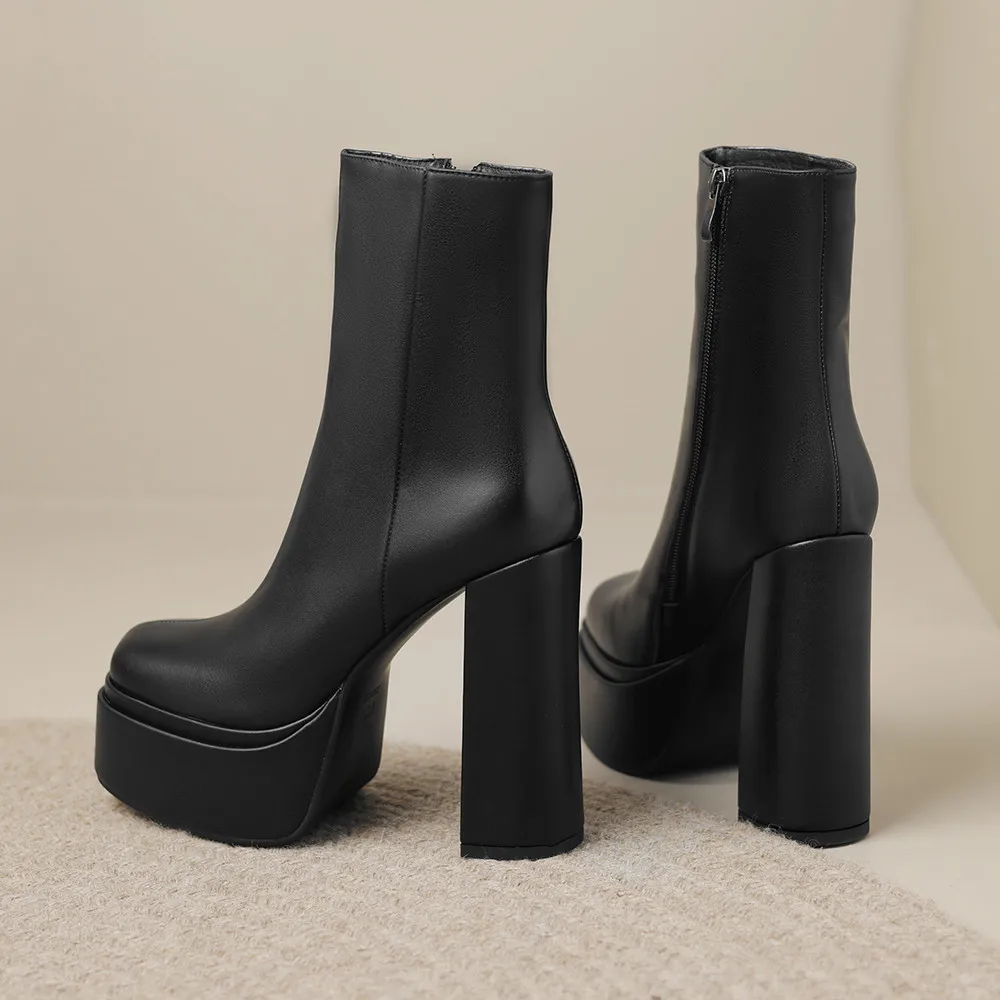 Aucegi-Bottes de rinçage en cuir véritable pour femme, chaussures de soirée classiques, bottes de printemps et d'automne, Parker rond, chaussures à plateforme zippée, talon optique