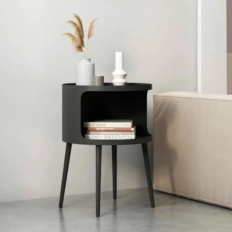 Contemporary round side tables, small metal bedside tables, and open-plan storage in bedrooms, living rooms, and compact spaces.