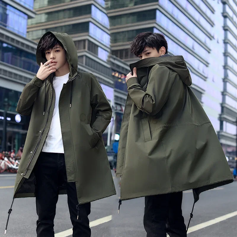 

Spring Man Trench Coat Long Fashion Hooded Windbreaker Jacket for Men Black Green Overcoat Casual Outdoor Hiking Rain Coat