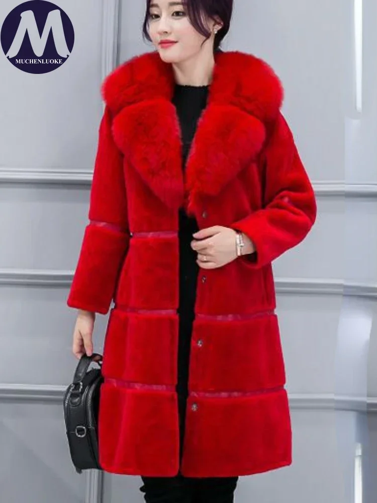 Women\'s Elegant Imitation Fox Hair Collar Warm Fur Coat Korean Fashion Slim Fit Artificial Plush Coats Autumn Winter New