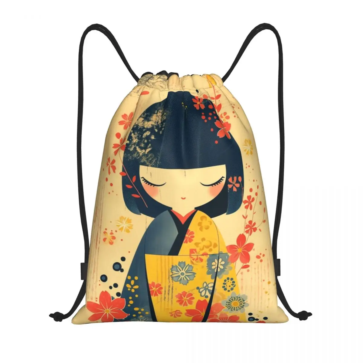 Japanese Girl Kimono Kokeshi Doll Drawstring Backpack Sports Gym Bag for Women Men Training Sackpack