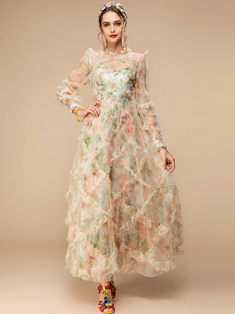 

LD LINDA DELLA 2023 Designer New Summer Dress Women's Long sleeve Floral print Mesh Vacation Party Elegant Long Dresses