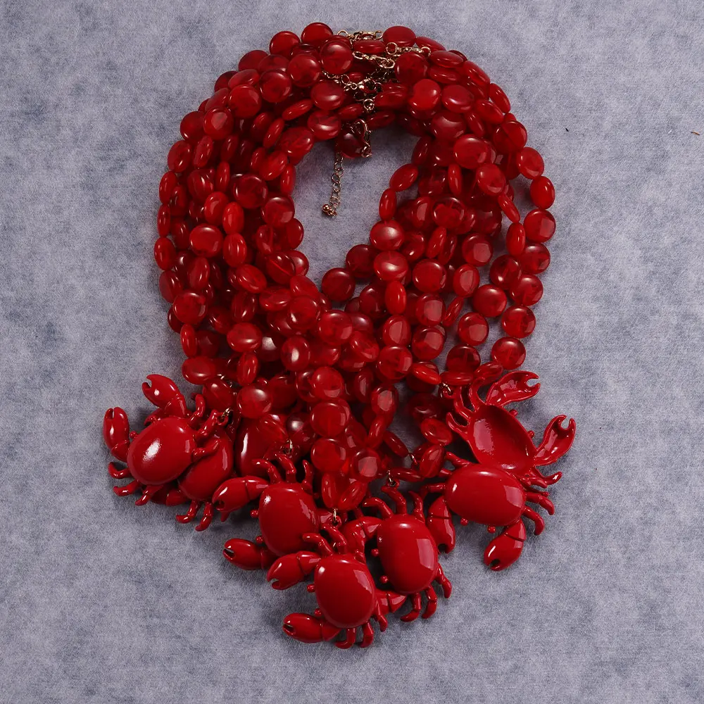 

Handmade Red Crab Pendant Button Necklace Ocean Style Summer Beads Statement Charm Party Jewelry Hip Hop Accessory