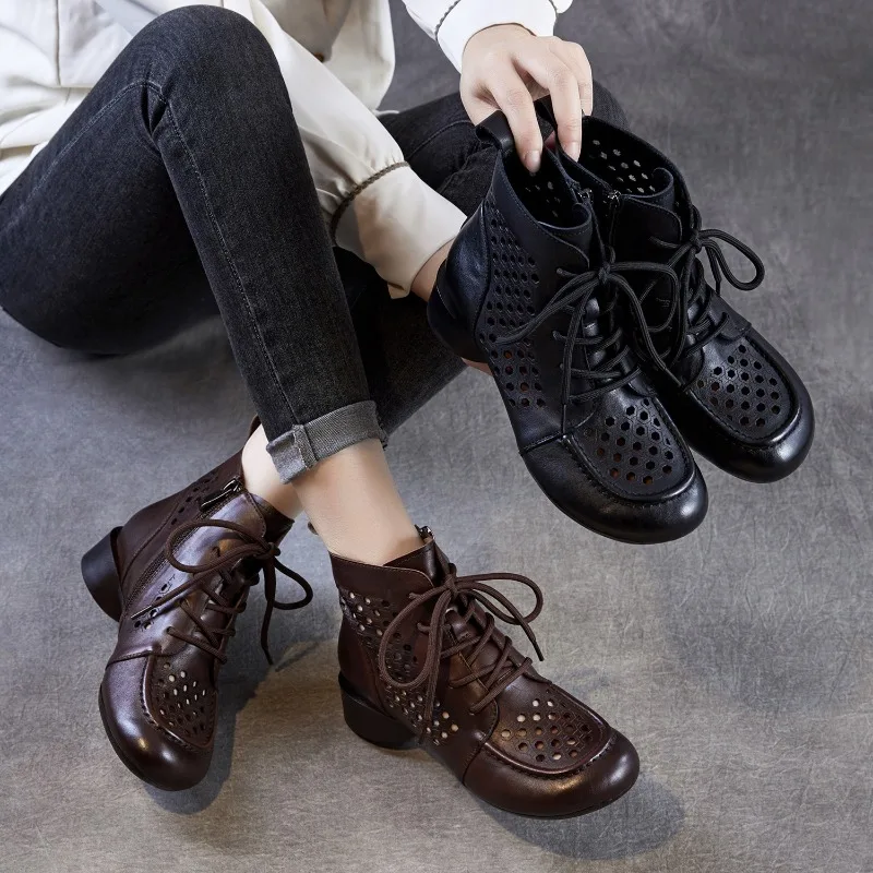 

3cm Cow Genuine Leather Flats Platform Wedge ZIP Hollow Sandals Rubber Ankle Booties Women Comfy Shoes Elthnic