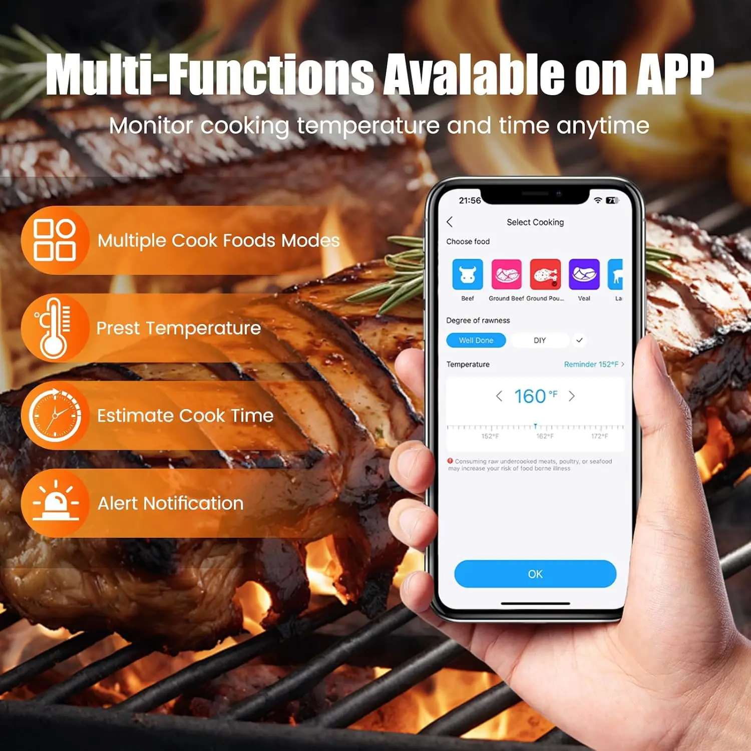 ChefLab Truly Wireless Meat Thermometer, 500FT Long Range Bluetooth Digital Food Thermometer, IP Waterproof Probe for BBQ Grill Oven Rotisserie Turkey Beef Cooking