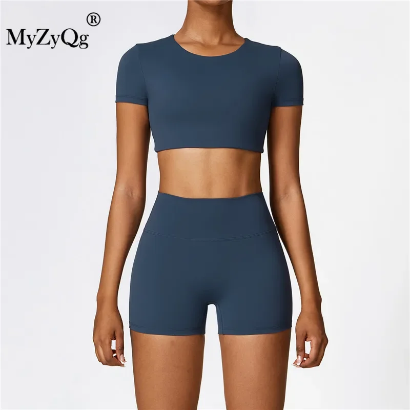 MyZyQg Women's Yoga Sets High Intensity Tight Short Sleeve T-shirt Outside Leisure Sports Pilate Running Fitness Shorts Suit