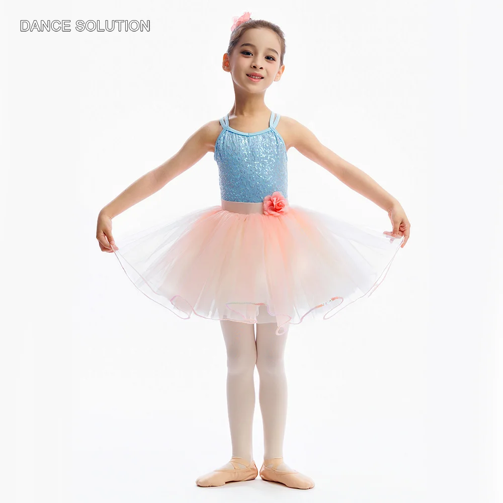 Child & Kids Ballet Performance Tutu C25020 Pale Blue Sequin Spandex Bodice with Pale Pink& Ivory Tulle Skirt