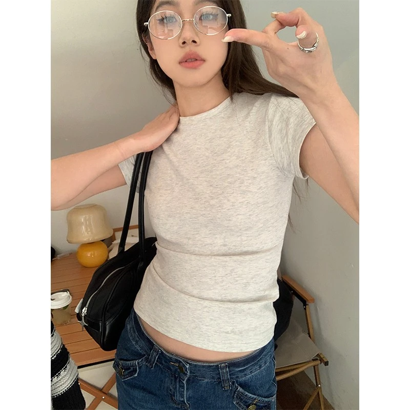 Skinny T Shirt Short-sleeved T-shirt Women Slim Tee Shirt Cotton Cute Casual Harajuku Pullovers Fashion Summer Solid Tops Korean