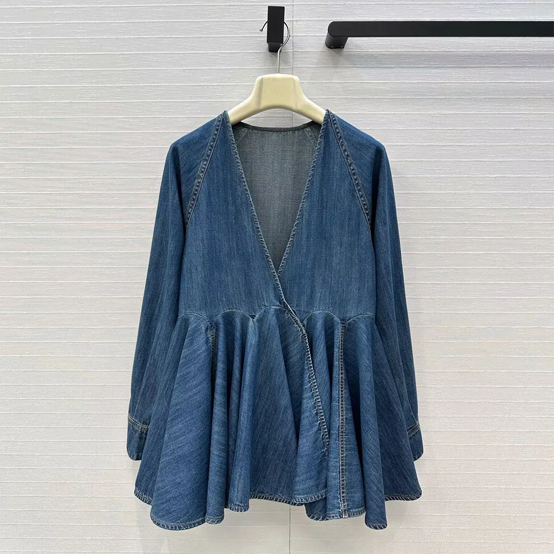 

2025 New Autumn Fashion Wrapping Style Blue Denim Blouse Women V-neck Long Sleeve Petal Edge High Waist Ruffles Sweet Shirt Tops