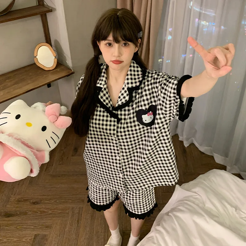 

Sanrio Hello Kitty Women's Pajama Set Anime New 2026 Summer Ins Lapel Cardigan T-Shirt Shorts Kawaii Loose Cute Girls Homewear