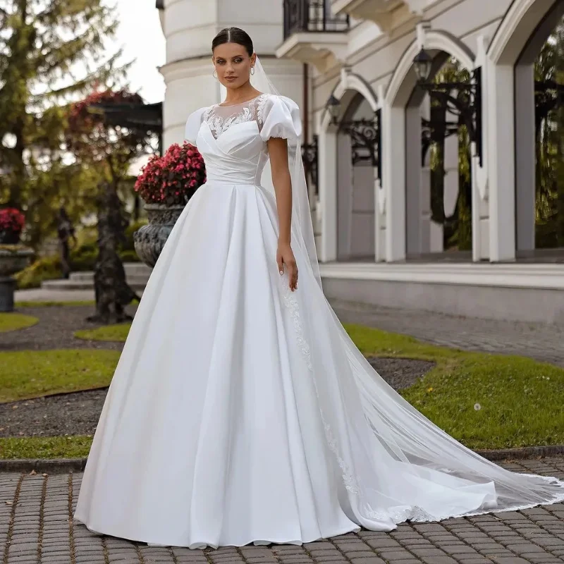 

Holy Wedding Dresses Lantern Sleeve A-Line Satin Bride Dress Lace Up Appliques Sequin Bridal Gown Customized vestidos de novia