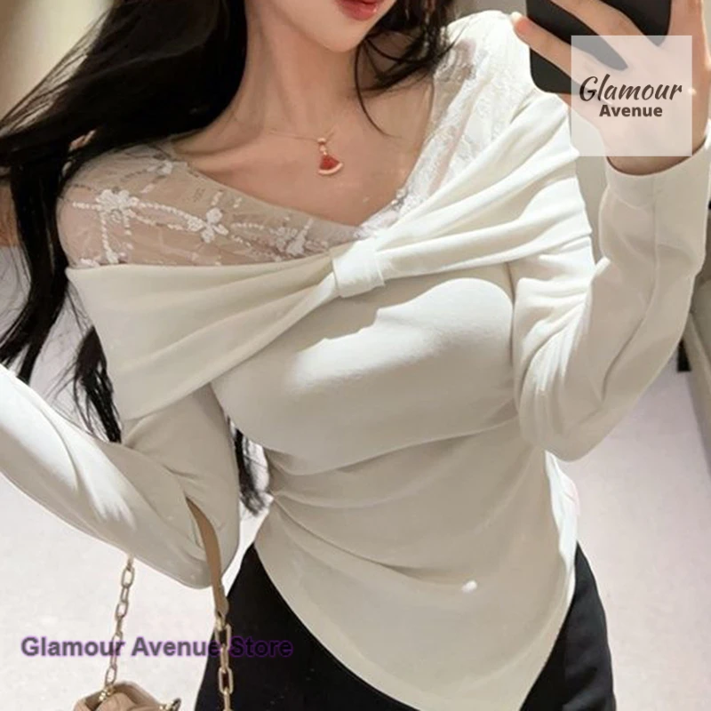 

French lace sequins stitching bow irregular long-sleeved top women's spring and autumn fashion high-grade fake two T-shirts