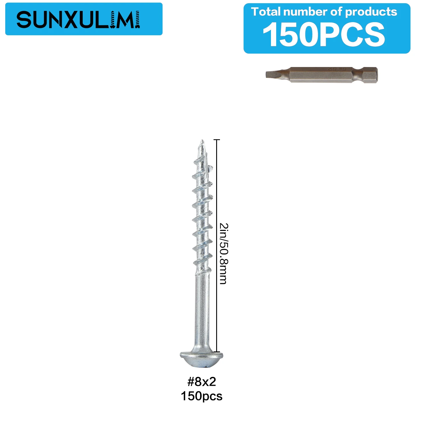 150 pocket screws, #8 x 2, 8 x 1-1/2, with square heads, coarse threads, washer heads, self-tapping, zinc-plated