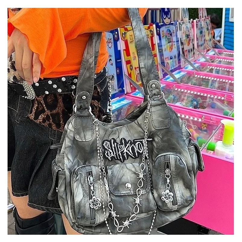 Women's Grey Y2k Shoulder Bags Luxury Designer Gothic Tote Bag Motor Style Hot Girls Chain Punk Handbag Multi-Pocket Harajuku