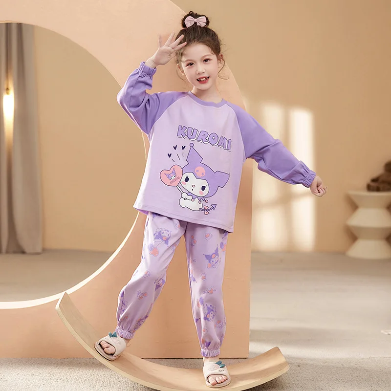 Kawaii Sanrios Girl Pajamas Long Sleeves Pure Cotton Suit Kuromi Can Be Worn Outside Child Spring Autumn Lounge Clothes New