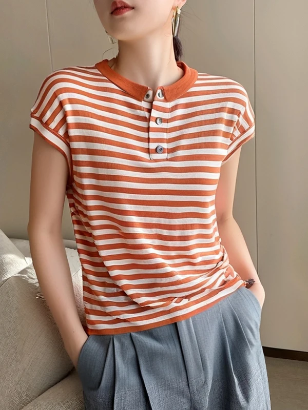 

Semi-Open Button ort Sve T-irt Ice Silk Knitted Women's Top Summer Unique Striped Color Blo Commute Sle