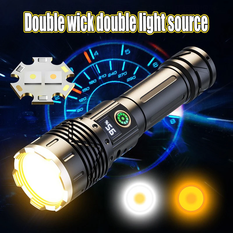 2*800W High Power Rechargeable LED Flashlight Yellow White Tactical Torch Ultra Powerful Flashlight Long Range Outdoor Hand Lamp