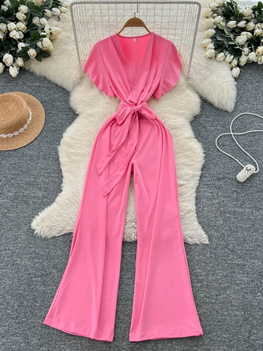 

Foamlina America Chic Ruffle Sleeve Jumpsuit Women Summer Crisscross Neck Tie Up Cinched Waist Wide Leg Drape Pants