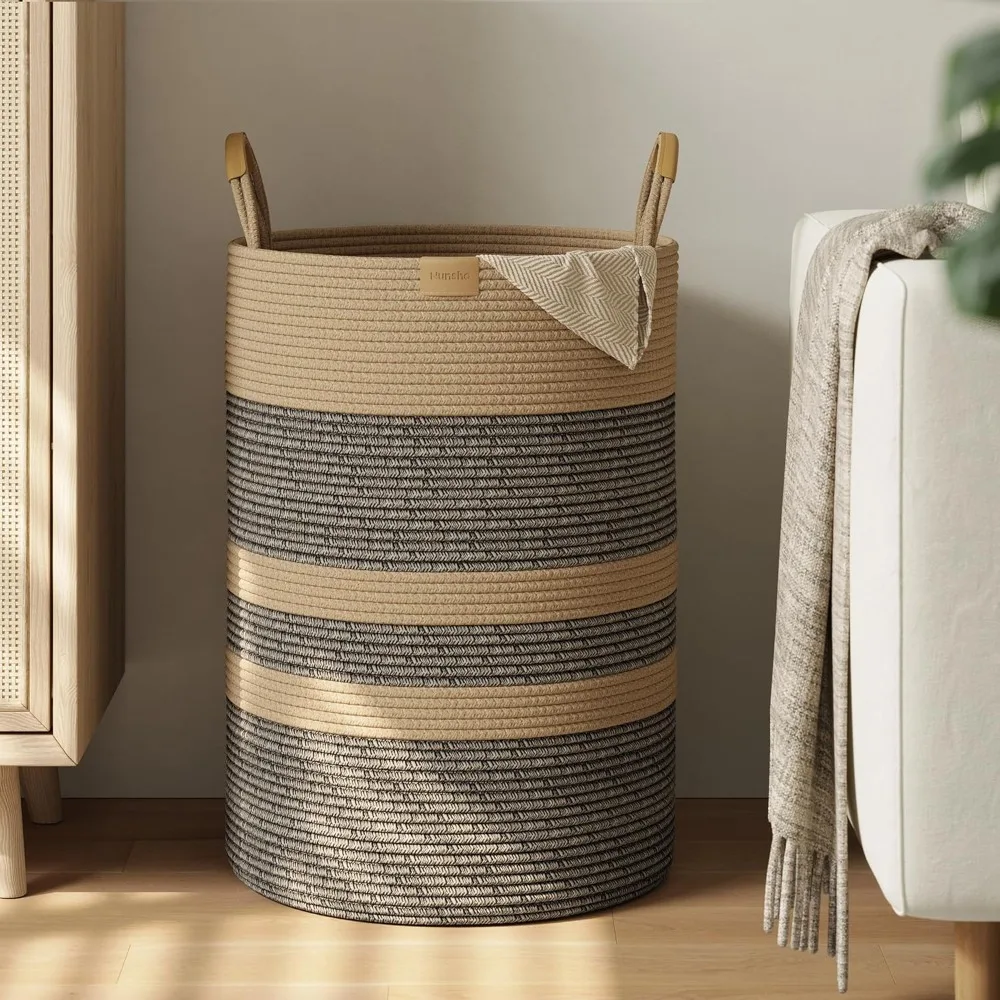 

Large Foldable Laundry Basket with Leather Handles Cotton Rope Storage Bin for Blankets Woven Clothes Hamper Dark Brown