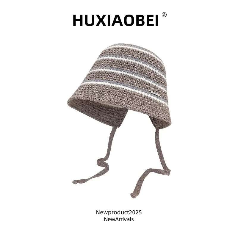 اليابانية بسيطة مخطط حزام واسعة حافة محبوك قبعة المرأة الربيع والخريف موضة في الهواء الطلق تنوعا الدافئة قبعات دلو عادية #1