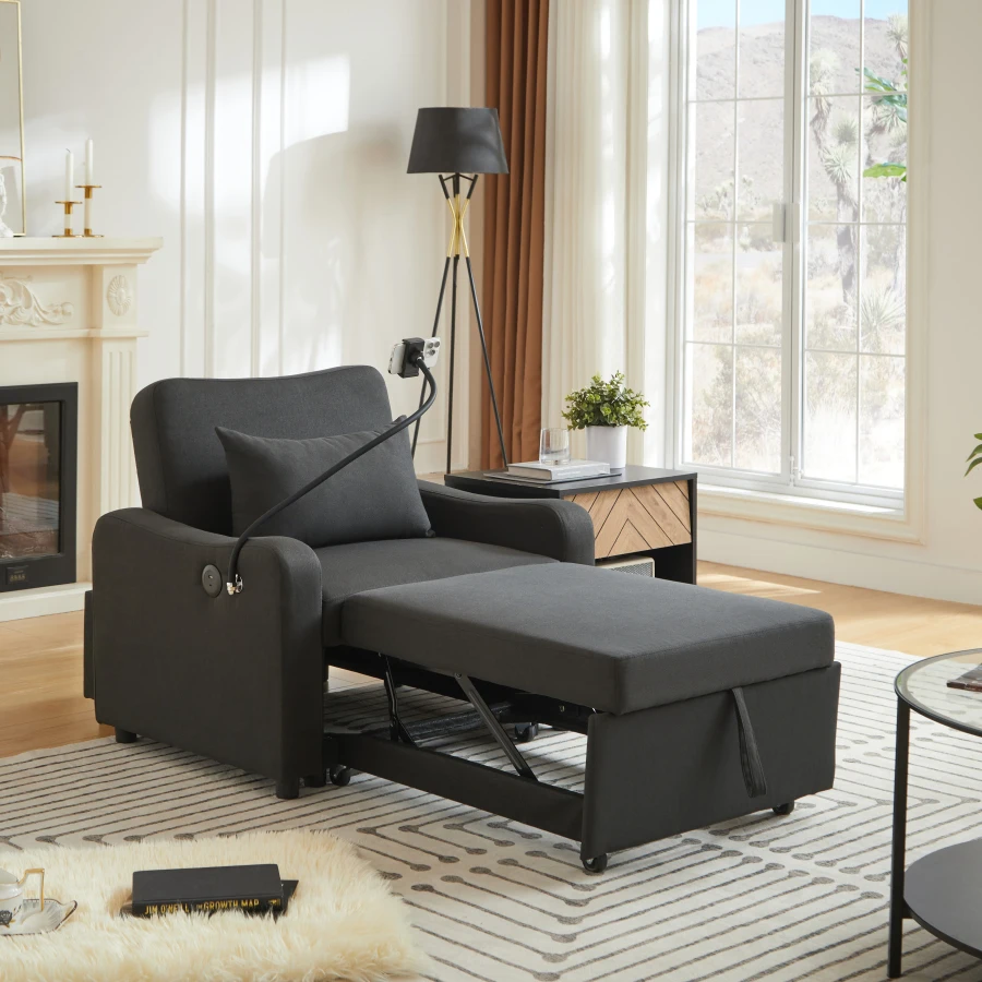 Sleeper Sofa Chair Bed, 3 In 1 Convertible Sofa Chair With Adjustable Backrest and Phone Holder and USB, Type-C, Adjustable Rec