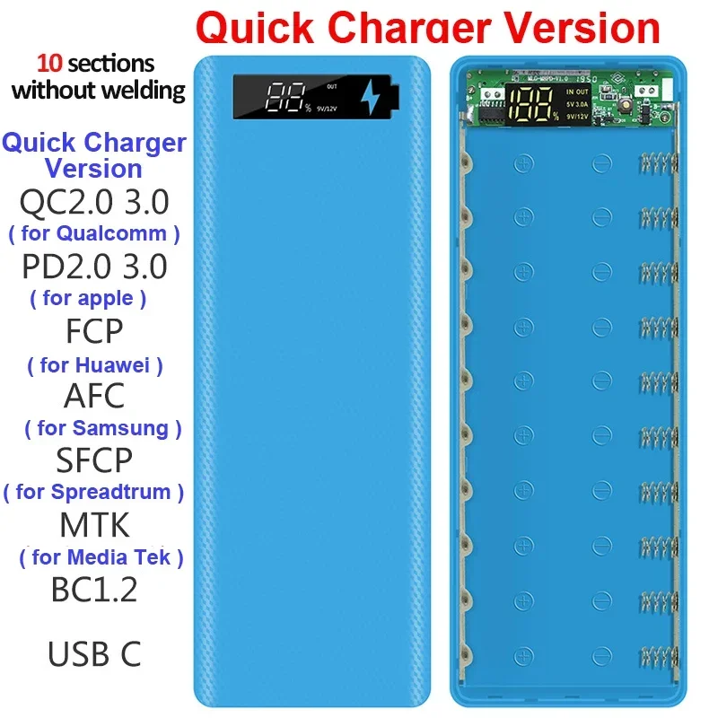 PD QC3.0 Quick Charge Welding Free 10*18650 Battery Storage Box DIY Shell Case 18650 Battery Holder Box Dual USB Power Bank Case