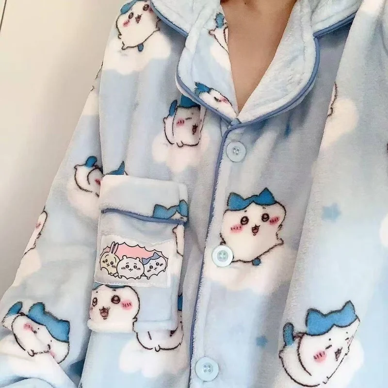 Chiikawa Hachiware منامة مجموعة أنيمي Usagi الفانيلا ملابس خاصة السراويل لطيف المرأة شتاء دافئ بيجامة ملابس المنزل هدية الكريسماس #1