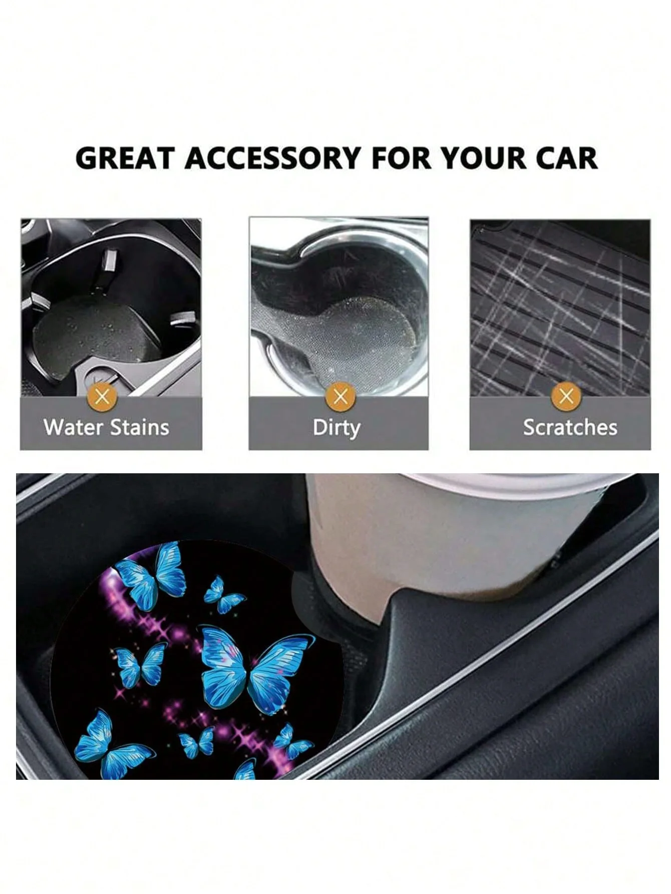 Sottobicchieri portabicchieri per auto con motivo a farfalla da 2 pezzi, accessori/decorazione per interni auto, design con tacca, cuscinetto isolante assorbente, cre