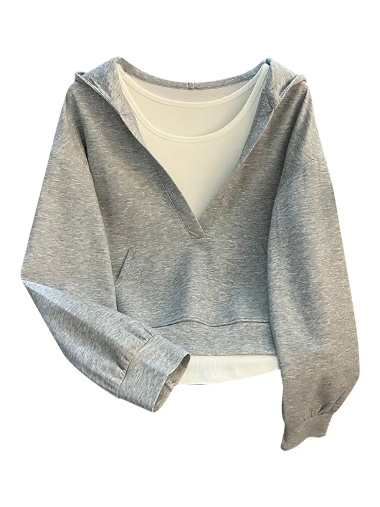 Pure Cotton White Strap Vest Hooded V-Ne Sweatirt Two-Piece Set Women Spring Autumn Top Original Design Loose Fit Long Sl...