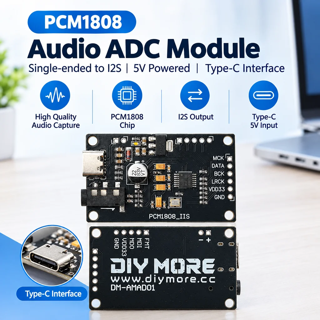 PCM1808 Audio ADC Module Type C DC5V Power Supply 99dB SNR Single End AUX Input To I2S Left Align Digital Output For Audio