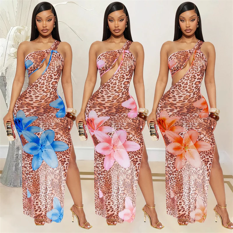 Robe longue moulante à imprimé Floral léopard pour femmes, asymétrique épaule dénudée, col incliné, maille transparente, fendue sur le côté, robes de soirée